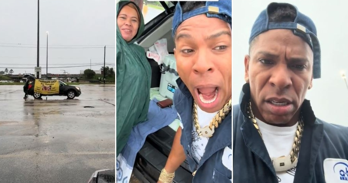 Cubano se hace viral al comprar tamales a mujer bajo lluvia torrencial en Houston