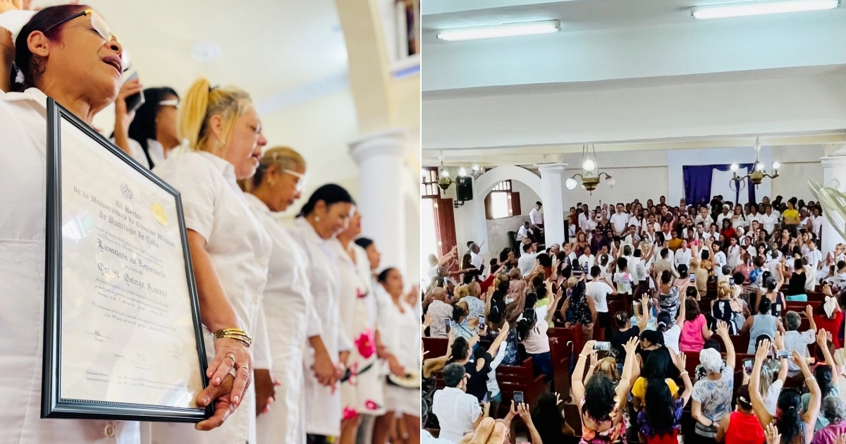 Personal sanitario santiaguero durante la celebración (i) y Iglesia metodista en la que se celebró el culto (d) © Collage Facebook/Darlon Bermúdez Oficial