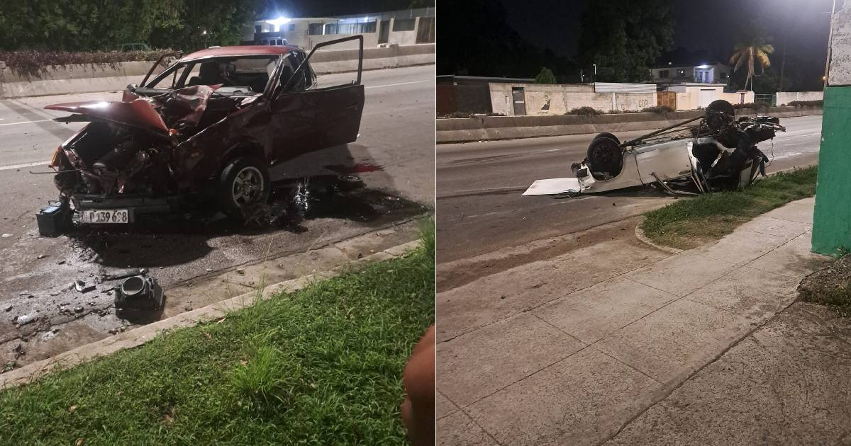 Coche volcado en la Avenida Boyeros tras fuerte choque