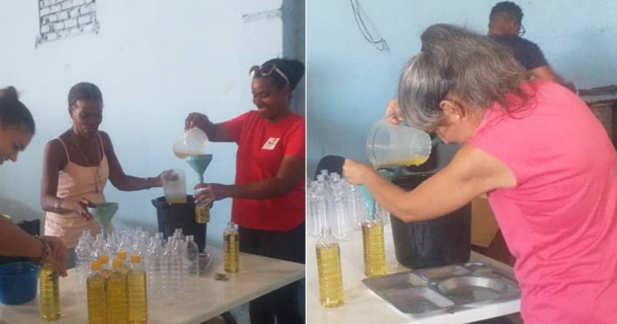 Funcionarios del comercio en La Habana envasan aceite manualmente sin medidas higiénicas