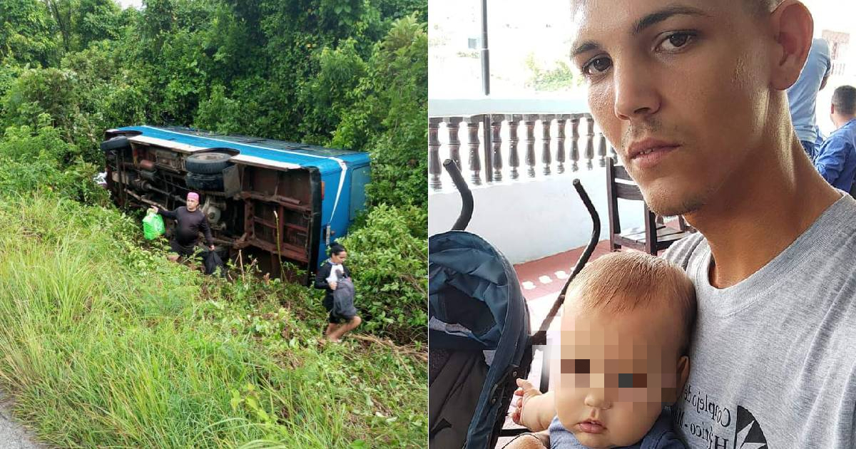 Imagen del accidente y Roniel Pérez con su bebé © Collage redes sociales