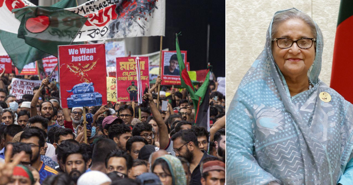 Protestas en Bangladesh y exprimera ministra Sheikh Hasina © X/@euronewses y Wikipedia/Prime Minister's Office