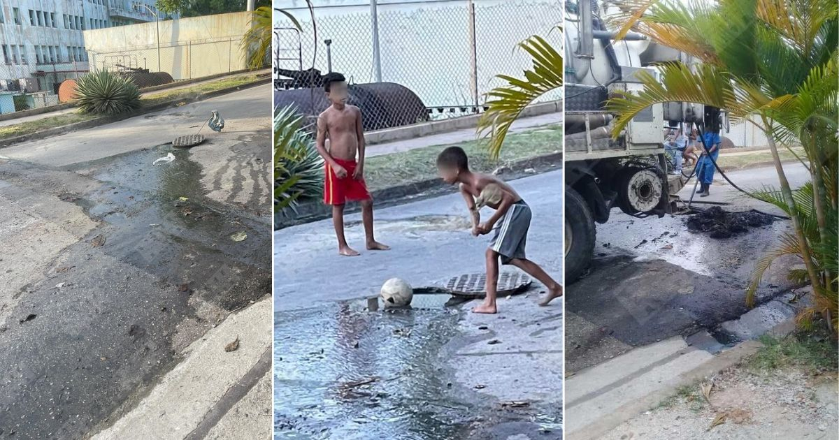 Salidero de aguas albañales en Santiago de Cuba que ponía en peligro la salud de niños © Collage Facebook / Yosmany Mayeta Labrada 