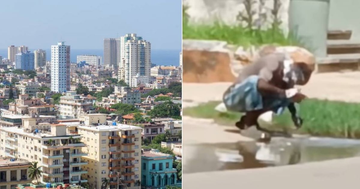 Homeless Cuban Man Washes Hair in Dirty Puddle in Central Vedado