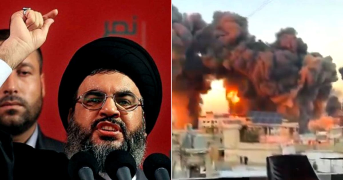 Hassan Nasrallah e imágenes del bombardeo israelí que acabó con su vida © twz.com - captura de video X / @PoornimaNimo