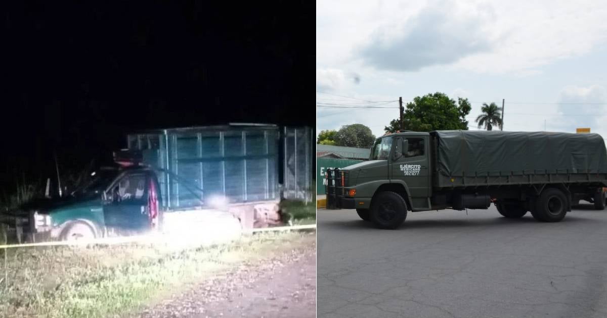 Camión baleado (i) y Camión del Ejército Méxicano © Collage/Redes Sociales