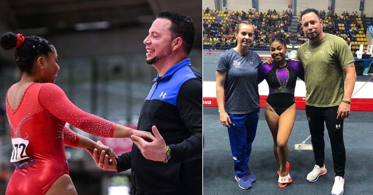 Carlos Gil junto a Hillary Heron (izquierda) y con Yareimi Vázquez y la gimnasta (derecha) © Unión Panamericana de Gimnasia y cortesía a CiberCuba