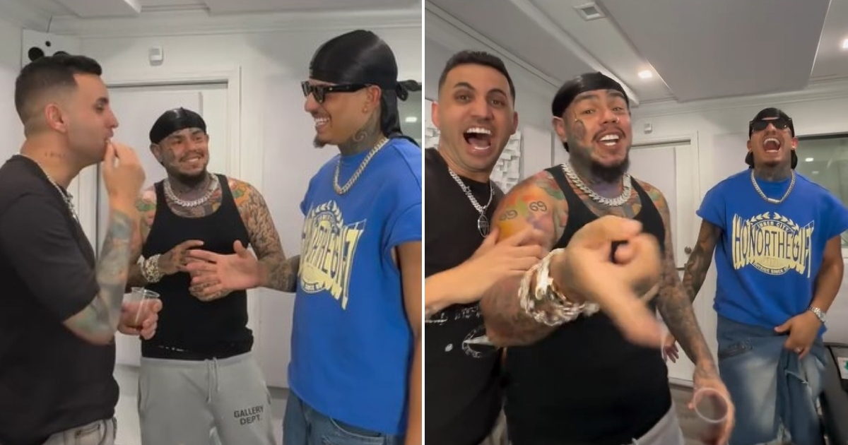 Ilustración editorial de Oniel Bebeshito, Lenier Mesa y Tekashi 6ix9ine en un estudio de grabación, representando una colaboración musical energética con un estilo de arte digital periodístico.