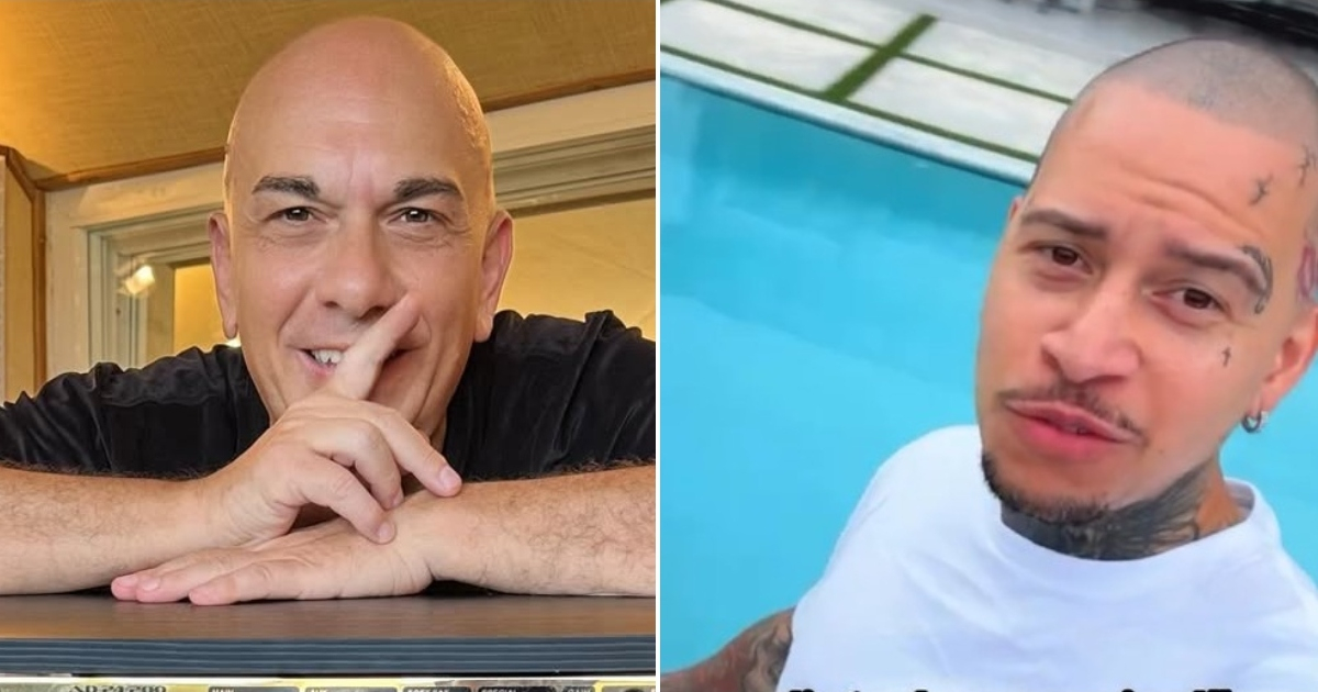 Fotografía conceptual y realista de El Chulo en una lujosa piscina en Miami y Roberto Ferrante en un estudio de grabación, con un titular de prensa que los confronta. Estilo cinematográfico, alta definición.