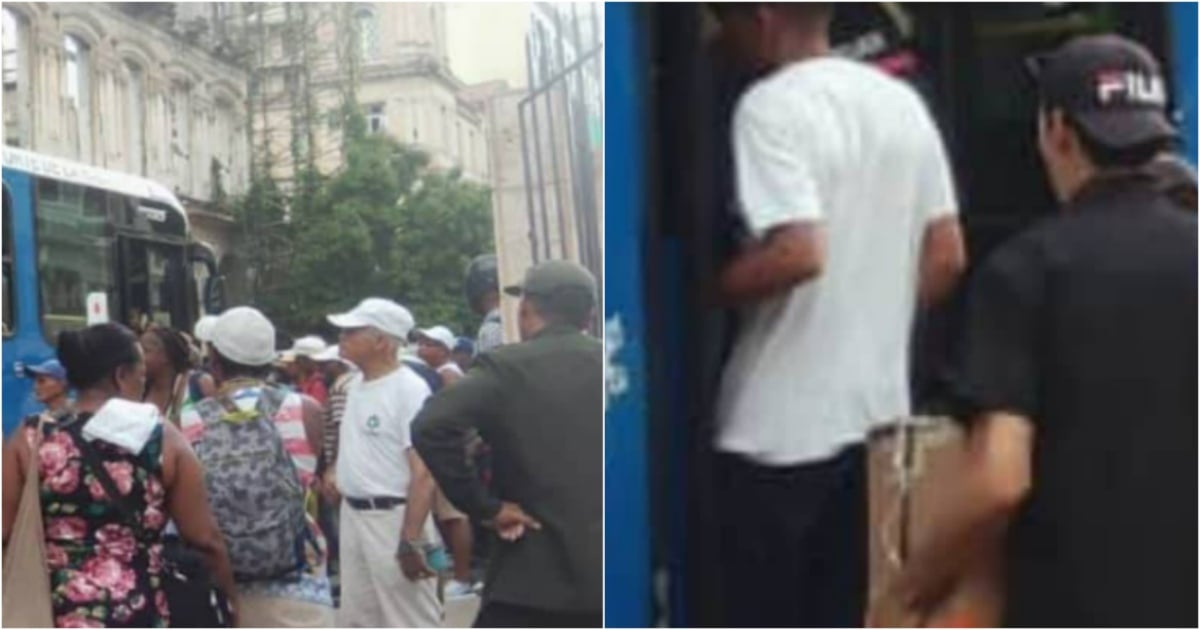 Fotografía fotorrealista de un autobús público de La Habana estacionado frente a una comisaría de policía, con varias personas agrupadas en la entrada y agentes conversando. Estilo documental, alta definición.