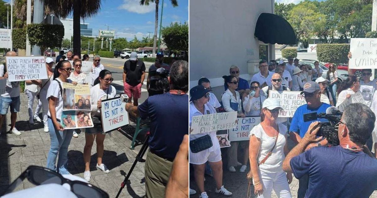 Fotografía conceptual y realista de familias cubanas en Miami protestando, portando pancartas con mensajes de reunificación familiar. De fondo, una silueta del restaurante Versailles y banderas de Estados Unidos y Cuba. Estilo cinematográfico, alta definición.
