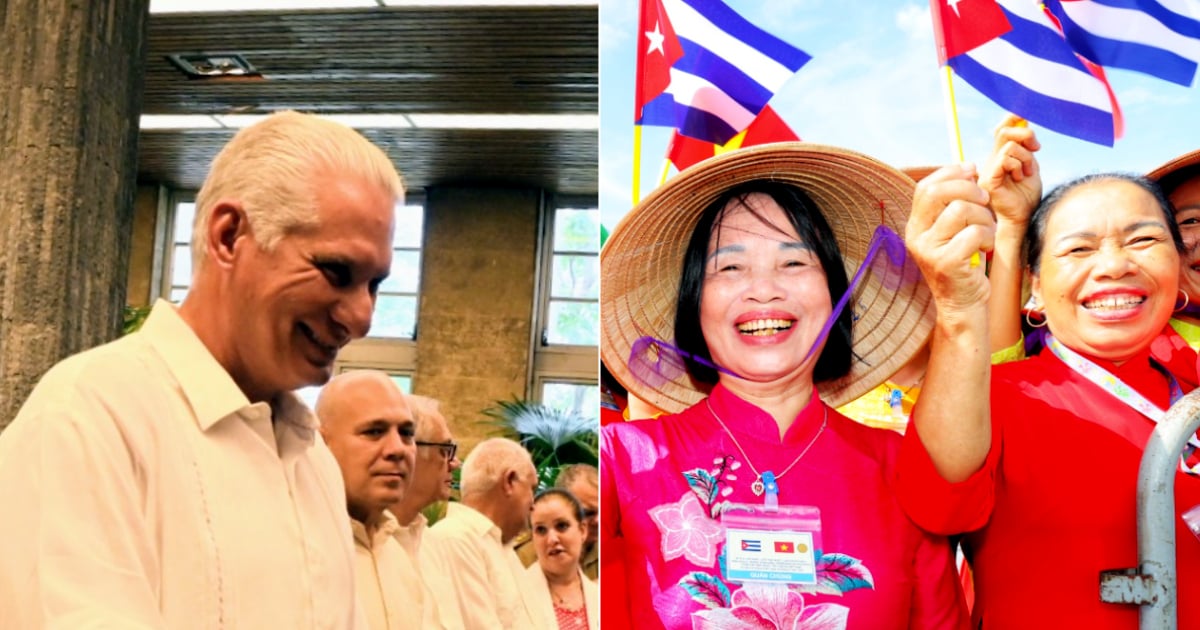 Fotografía conceptual y realista de Miguel Díaz-Canel sonriendo junto a un grupo de mujeres vietnamitas vestidas con trajes tradicionales, en un evento oficial en Hanoi, simbolizando la cooperación bilateral y la búsqueda de modelos ideológicos. Estilo cinematográfico, alta definición.