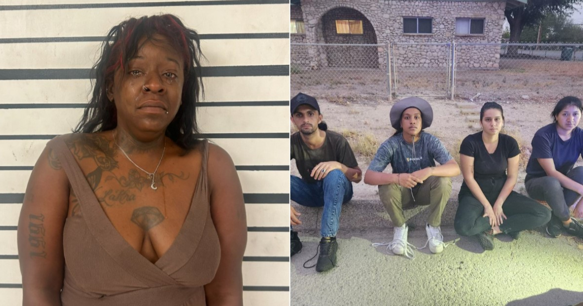 Fotografía fotorrealista de alta calidad que representa a Shakira Dominique Jordan, la mujer arrestada, y a un grupo diverso de migrantes, incluyendo cubanos y un individuo de Afganistán, en un escenario que simboliza la frontera de Texas y el tráfico de personas. Estilo documental y nítido.