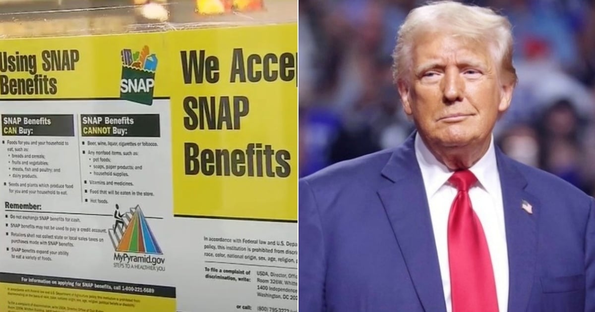 Fotografía conceptual y realista de instrucciones sobre cupones de alimentos en una mano y el expresidente Donald Trump hablando en un podio, simbolizando el impacto de su administración en las políticas sociales. Estilo cinematográfico, alta definición.