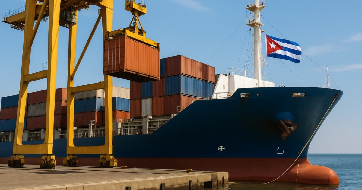 Fotografía conceptual y realista de productos agrícolas y medicamentos siendo cargados en un puerto con banderas de Estados Unidos y Cuba ondeando en el fondo, simbolizando las exportaciones limitadas. Estilo cinematográfico, alta definición.