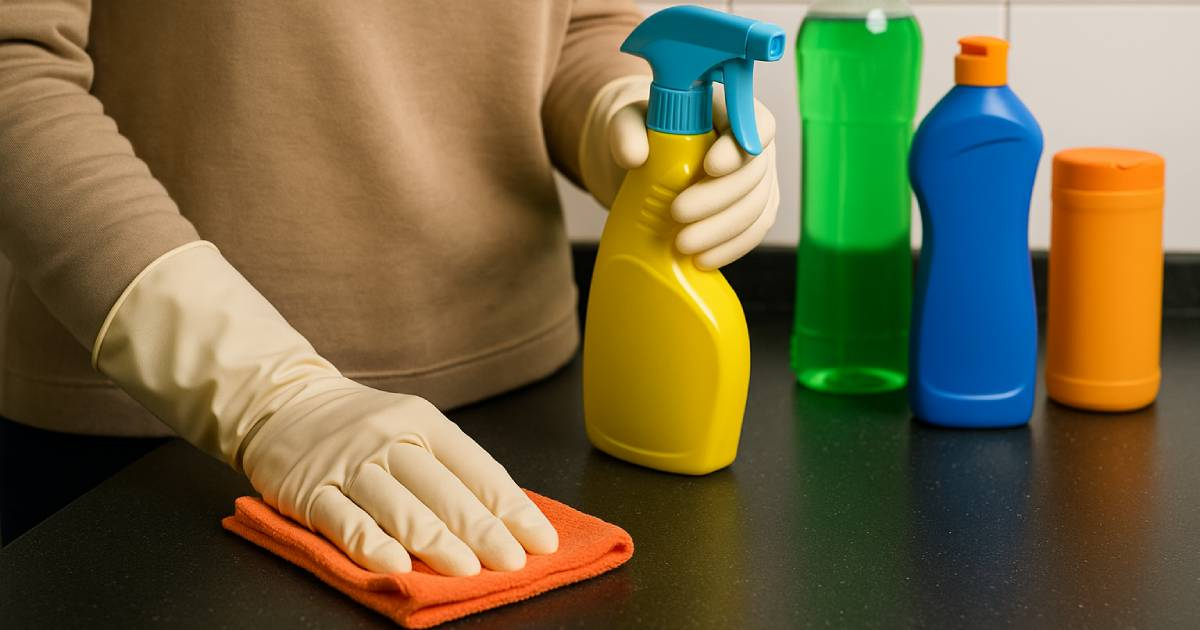 Manos enguantadas y productos de limpieza resumen la realidad de miles de mujeres migrantes en España que trabajan en el servicio doméstico. © ChatGPT