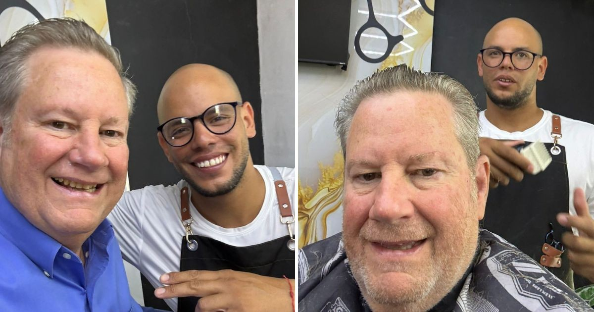 Mike Hammer en una barbería privada en Cuba © Collage X/@MarioJPenton