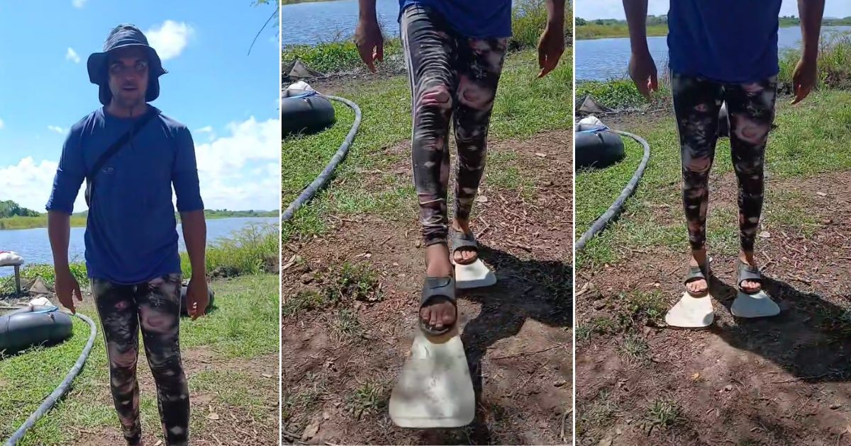 Ingenious Cuban Fisherman Crafts Homemade Flippers from Boots and Plastic Jugs