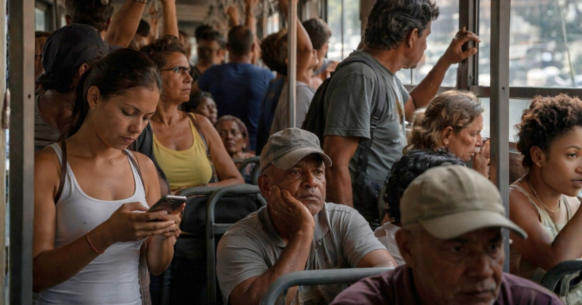 Cubanos en la guagua, ilustración creada con IA © CiberCuba