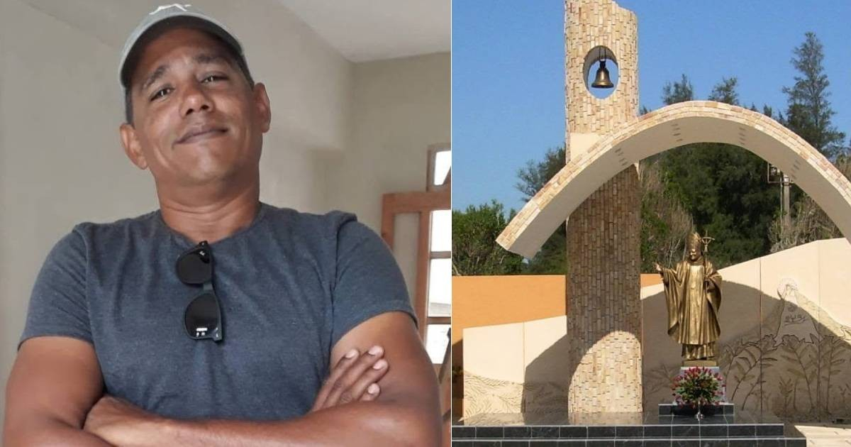 Rafael Abdala García Touza y el monumento conmemorativo a San Juan Pablo II. © Facebook/Diócesis de Santa Clara