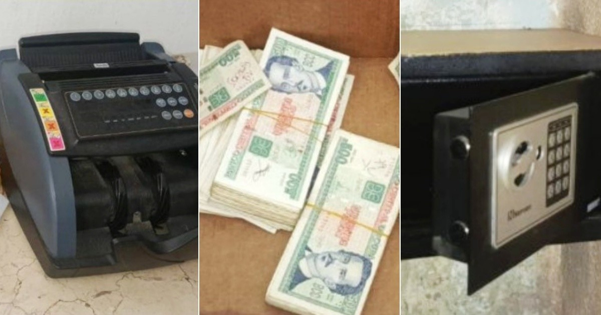 De izquierda a derecha: caja contadora de dinero, dinero y caja fuerte © Collage Facebook/Héroes del Moncada