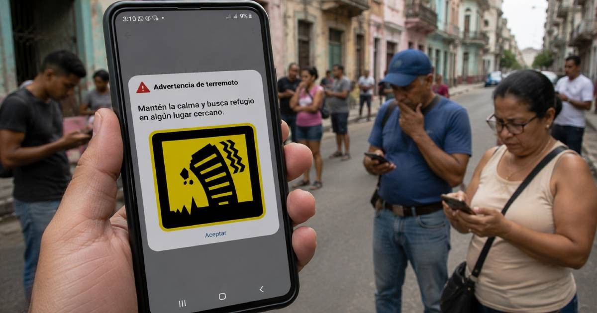 Ilustración recreada a partir de la alerta de terremoto recibida en teléfonos móviles en Cuba, que generó alarma entre numerosos ciudadanos. © CiberCuba / ChatGPT