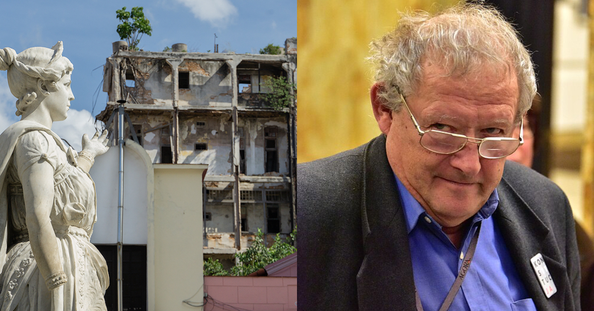 Ruinas junto a la Plaza Albear, de La Habana. Al lado, Adam Michnik © CiberCuba / Wikipedia