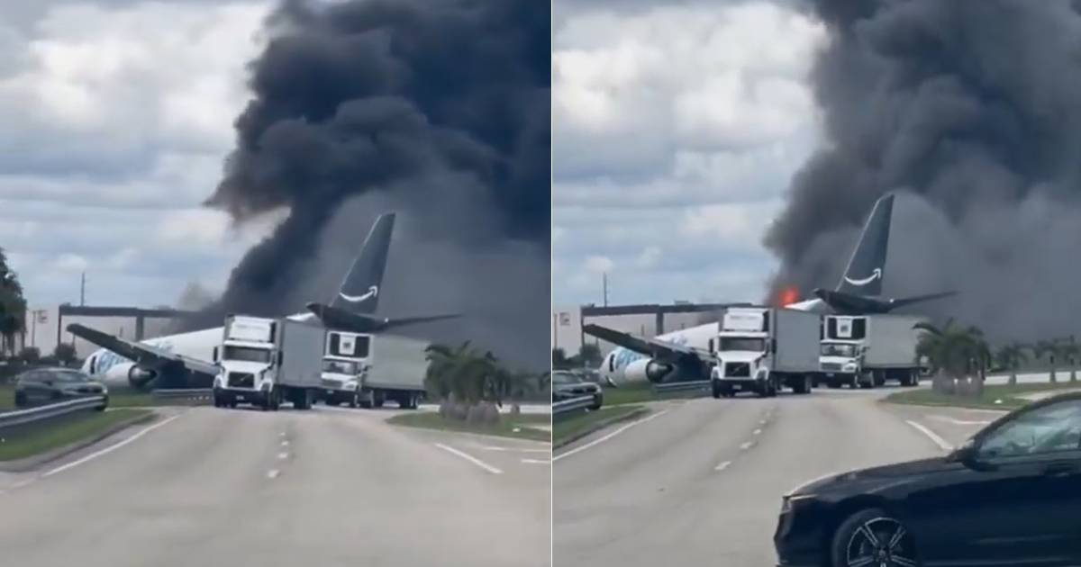 Cargo Plane Operating for Amazon Engulfed in Flames After Skidding Off Runway in Miami