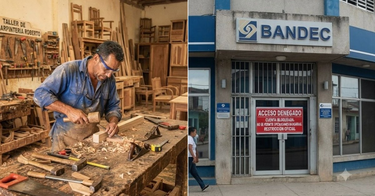 Trabajador cubano (Imagen creada con IA) y sucursal de BANDEC © Facebook / Liudys Carmona Calaña