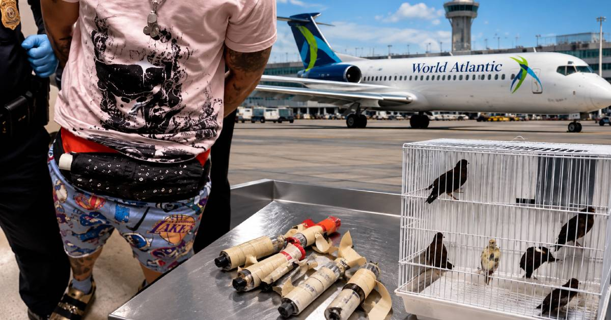 Montaje fotográfico realizado con IA en el que aparecen el cubano detenido en el aeropuerto de Miami y algunos pájaros. © Collage/DHS y Facebook/Miami International Airport - MIA