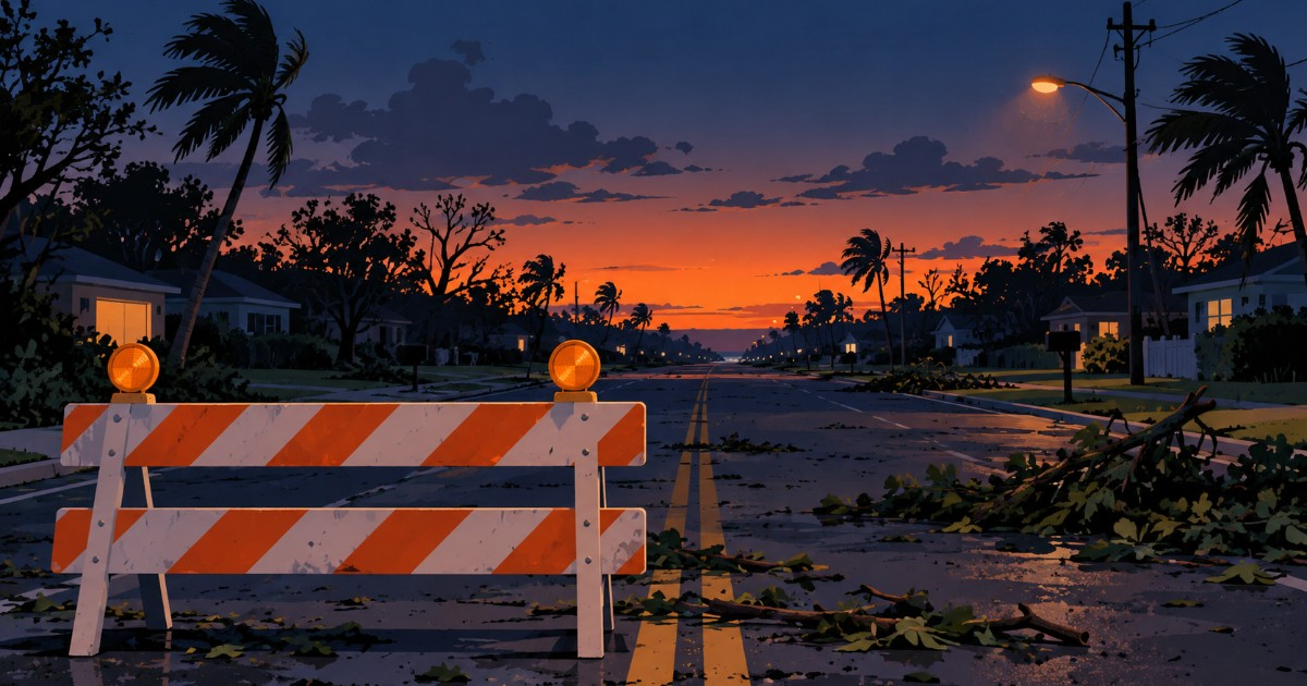 Ilustración de una carretera cerrada al anochecer, alusiva al toque de queda en Santa Rosa, Florida. Creada con IA. © CiberCuba / IA