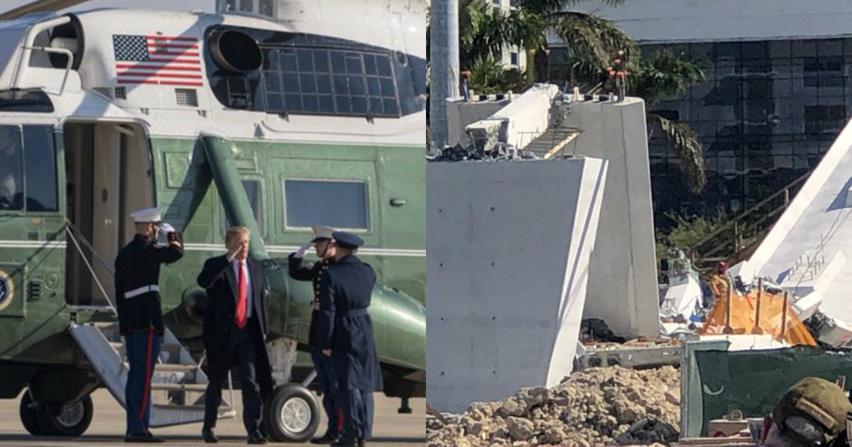 Donald Trump, en una foto de archivo. A su lado, imagen del derrumbe del puente de la FIU © Trump / Twitter - CiberCuba