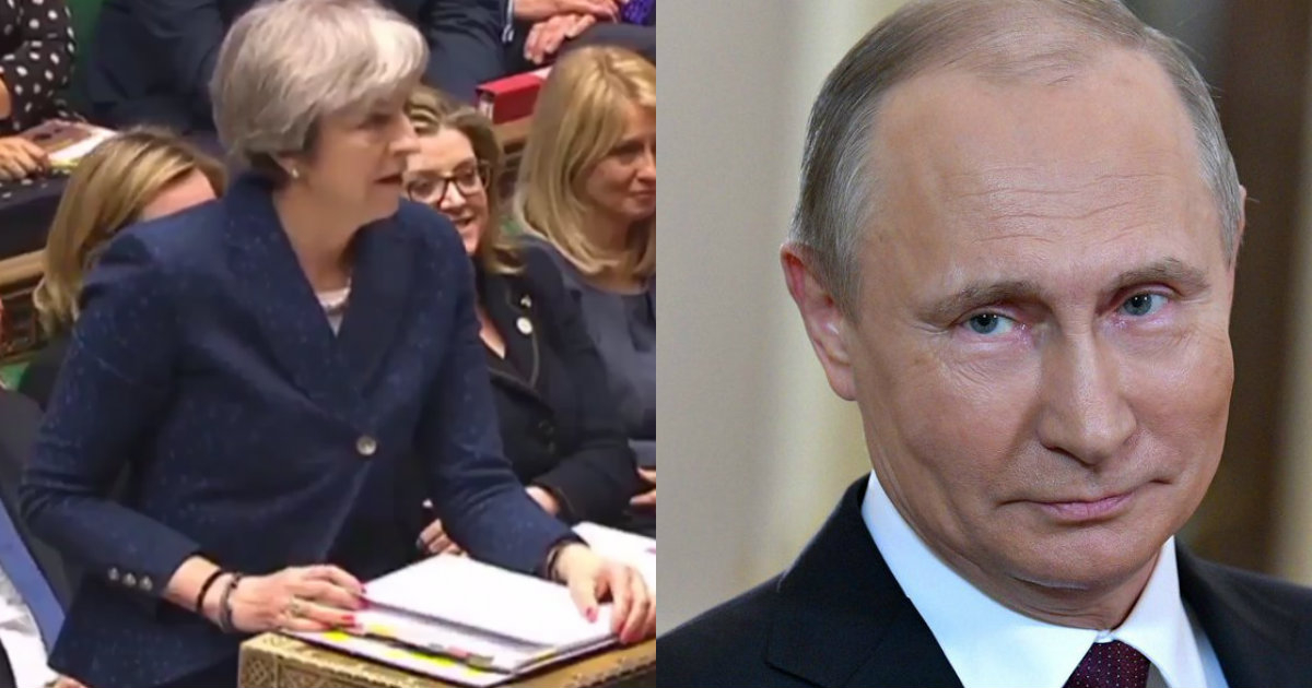 La primera ministra británica, Theresa May, y el presidente ruso Vladimir Putin. © Theresa May / Twitter- Vladimir Putin / Twitter