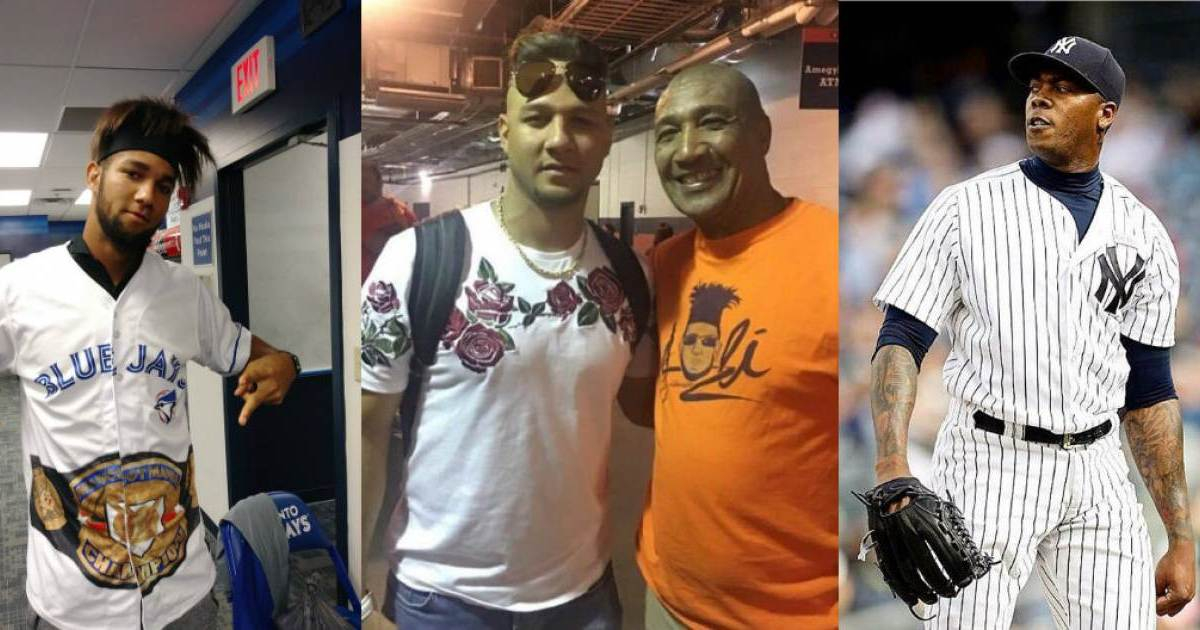 Lourdes Gurriel Jr., Yulieski Gurriel con su padre y Aroldis Chapman. © Yunito/Yulieski/Chapman / Twitter