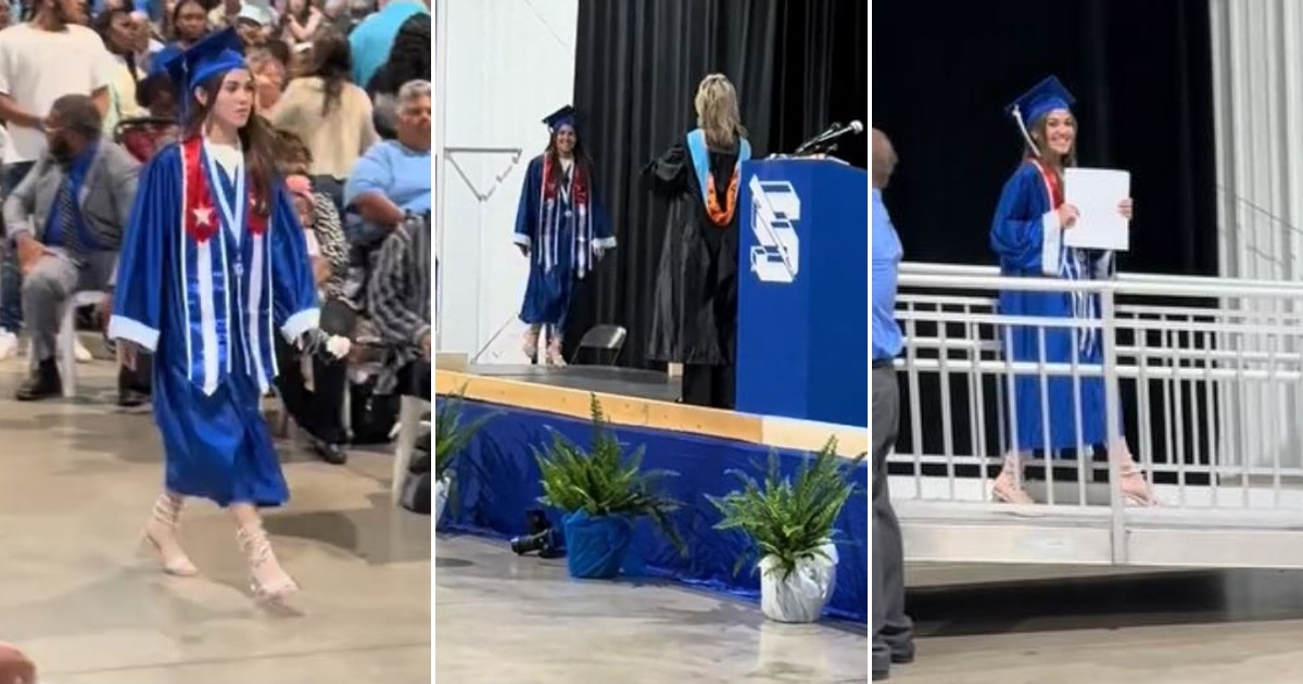 Graduada cubana en EE. UU. celebra con la bandera de su país