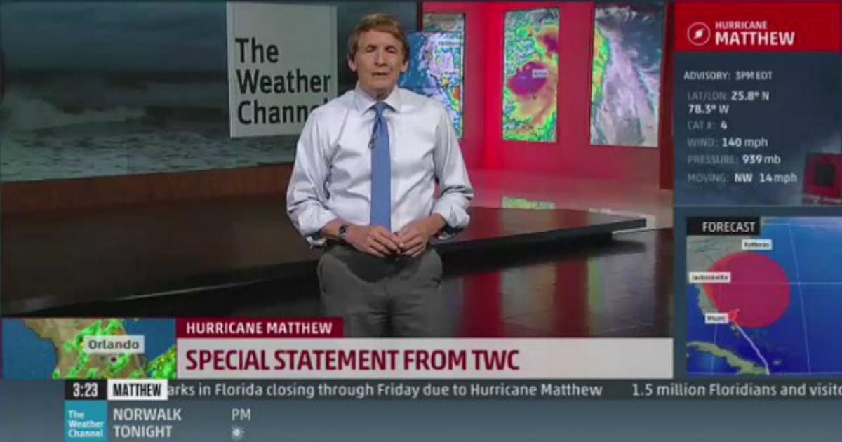 Presentador estadounidense informando sobre la presencia de Matthew en Florida © Twitter / The Weather Channel