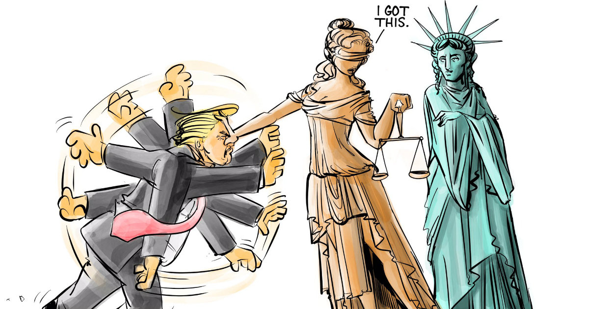 La dama de la Justicia frenando a Donald Trump © Twitter / Sam Machado