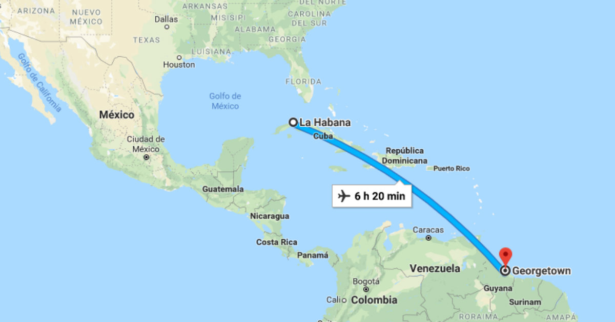 Trayecto La Habana Georgetown, Guyana © Google Maps