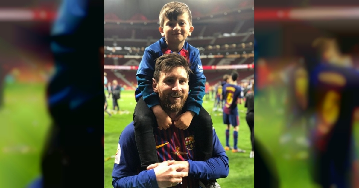 Leo Messi portando en hombros a su hijo Thiago en el Wanda Metropolitano © Instagram / Antonela Roccuzzo