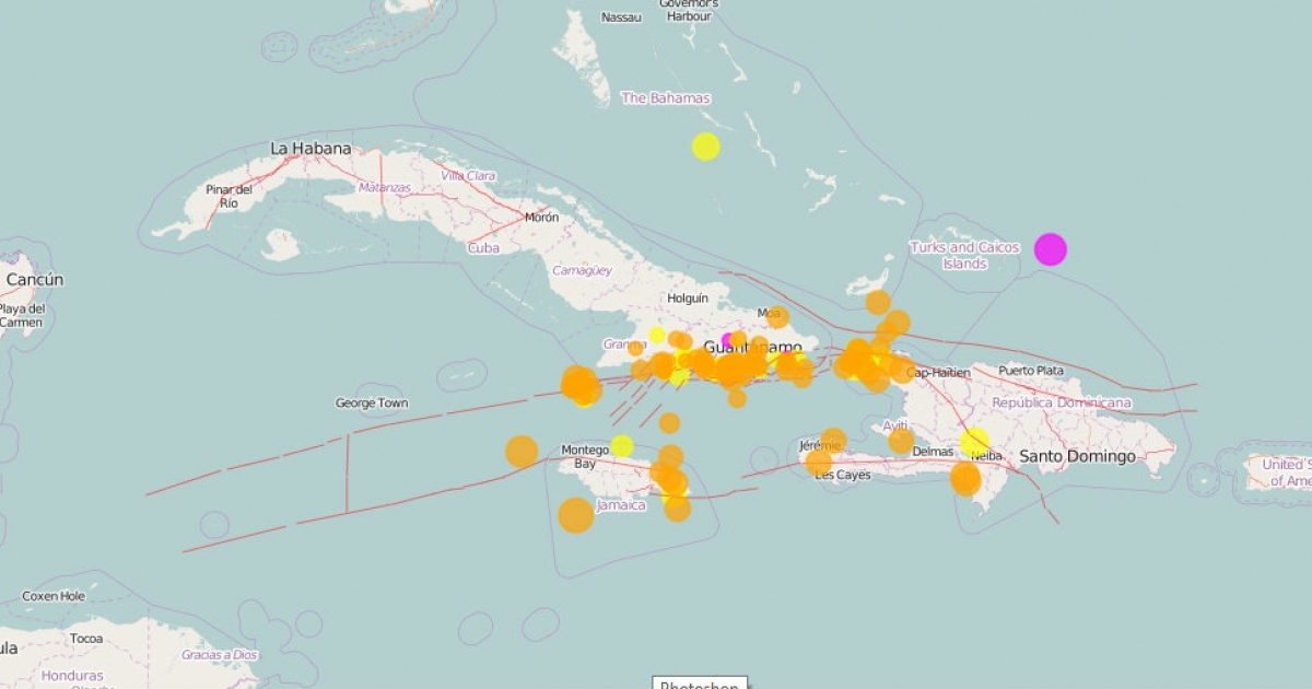 Mapa que recoge los últimos movimientos sísmicos en Santiago de Cuba © Cenais.cu