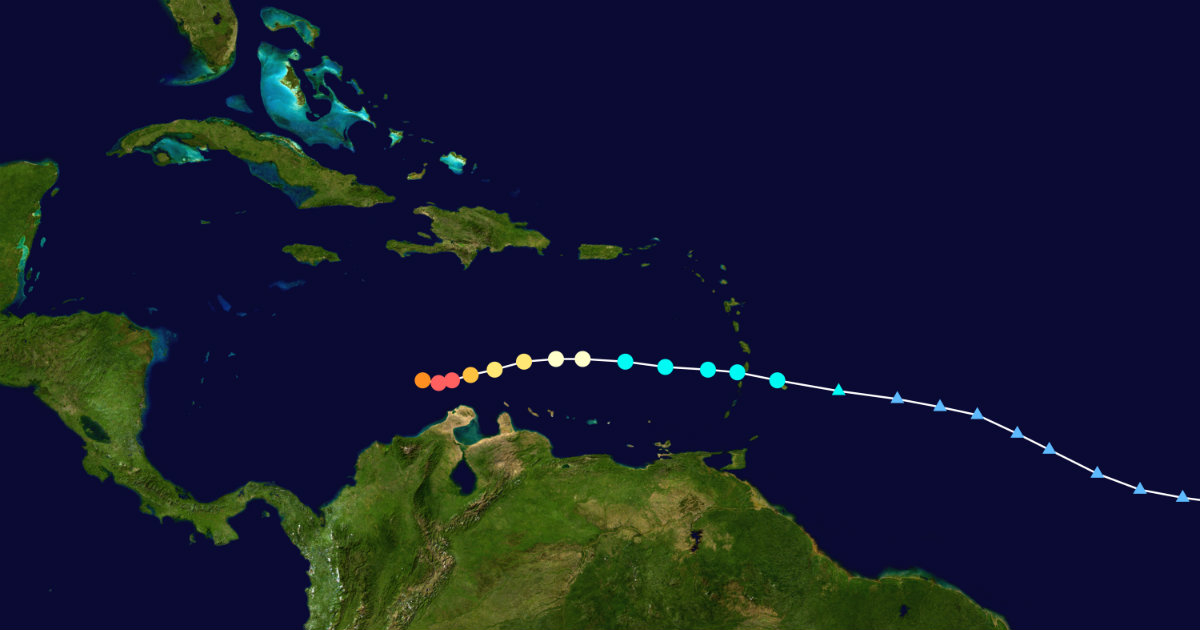 Ruta del huracán con cambio de intensidad. © Wikimedia Commons