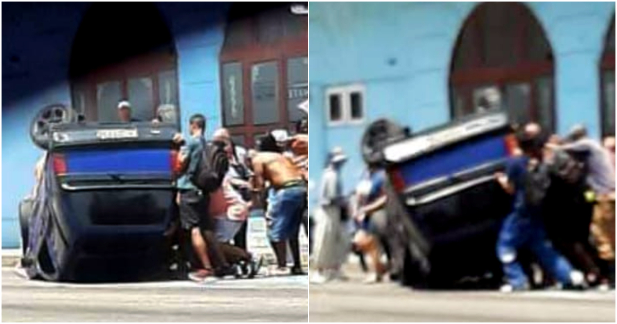 Vehículo volcado tras accidente en concurrida intersección de La Habana